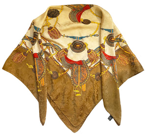 1980S Gucci Silk Scarf – Equestrian Print – Brown & Gold