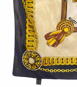 1970 Gucci Silk Scarf Navy & Gold Equestrian Chain Print