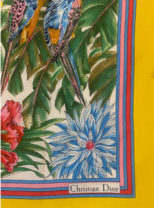 1970s Christian Dior Tropical Print  Parrots Palm Leaves Silk Scarf