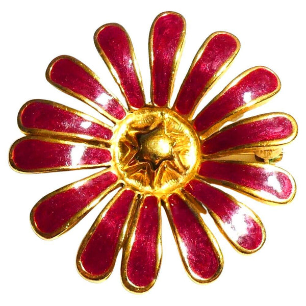 1960s Mid-Century Dark Pink Enamel Gold Tone Flower Modernist Brooch - STYLE-CHNGR