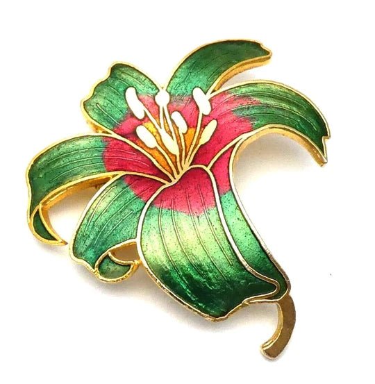 1960s Gold Tone Green Red Cloisonne Enamel Orchid Flower Brooch - STYLE-CHNGR