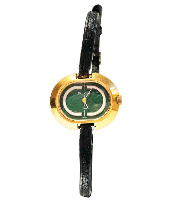 1970s Bulova for Christian Dior 14K Gold Plated Oval Green  Dial Wristwatch - STYLE-CHNGR