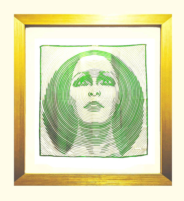 1970s CHRISTIAN DIOR GREEN IVORY 'DIVA PORTRAIT' SILK FRAMED SCARF - STYLE-CHNGR