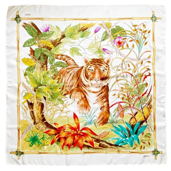 1970s Gucci Jungle Tiger Silk Scarf on White - STYLE-CHNGR