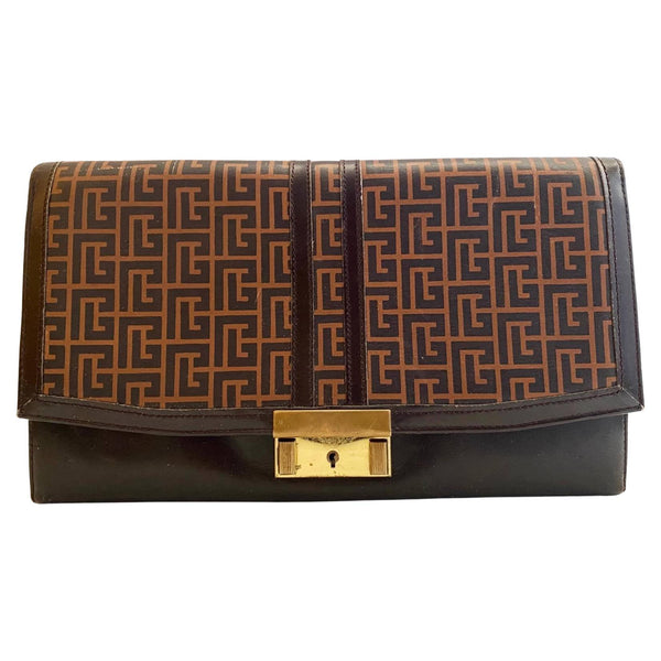 1970s Pierre Balmain Brown Geometric Print Leather Travel Wallet - STYLE-CHNGR