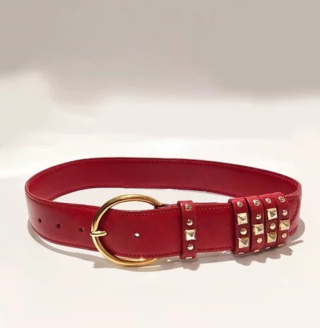1980's GUCCI RED LEATHER GOLD STUD BELT - STYLE-CHNGR