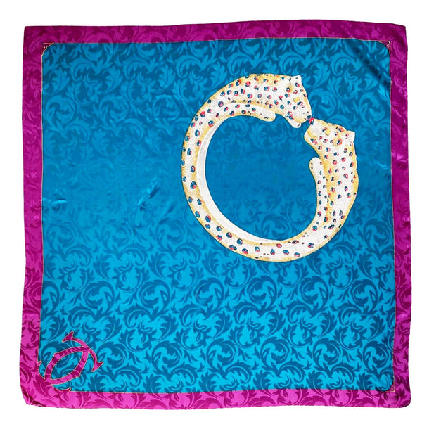 1980s CARTIER PARIS PANTHÈRE RING Blue Pink silk SCARF - STYLE-CHNGR