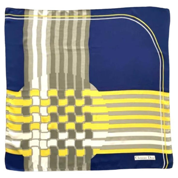 1980s CHRISTIAN DIOR ART DECO YELLOW BLUE PRINT SILK SCARF - STYLE-CHNGR