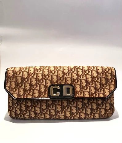 1980s CHRISTIAN DIOR BROWN OBLIQUE CD LOGO ENVELOPE BAG - STYLE-CHNGR