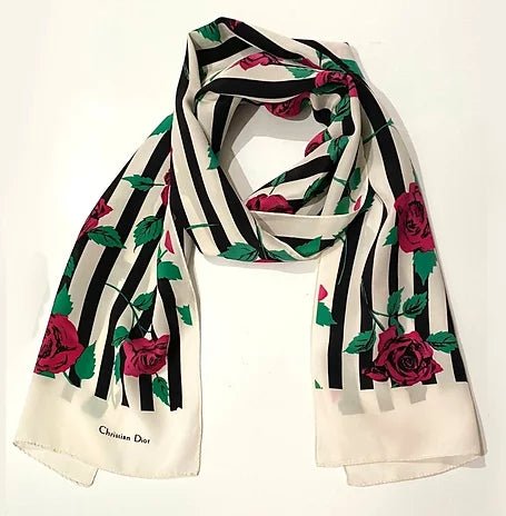 1980s CHRISTIAN DIOR STRIPE FLOWER PRINT SILK SCARF - STYLE-CHNGR