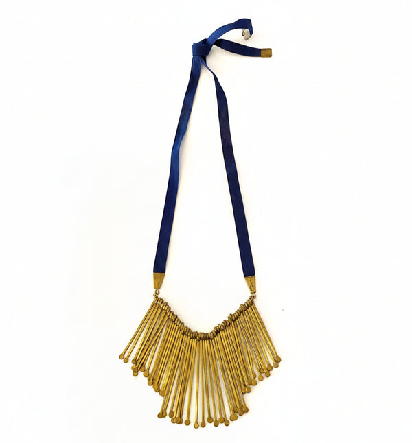 1980s Celine Fringe Statement Brass Tib Black Ribbon Necklace - STYLE-CHNGR