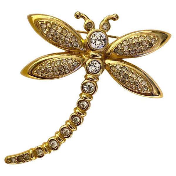 1980s Christian Dior Dragonfly Crystals Gold Tone Brooch - STYLE-CHNGR
