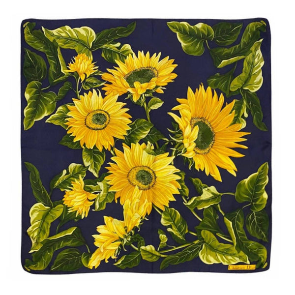 1980s Christian Dior Sunflowers Print Silk Scarf on Blue - STYLE-CHNGR
