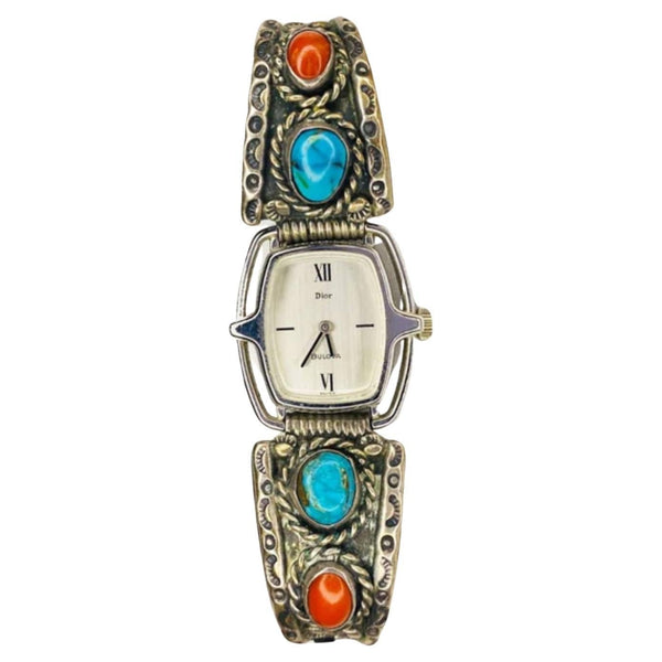 1980s Dior for Bulova Turquoise Coral Silver Ban Mechanical Wristwatch - STYLE-CHNGR