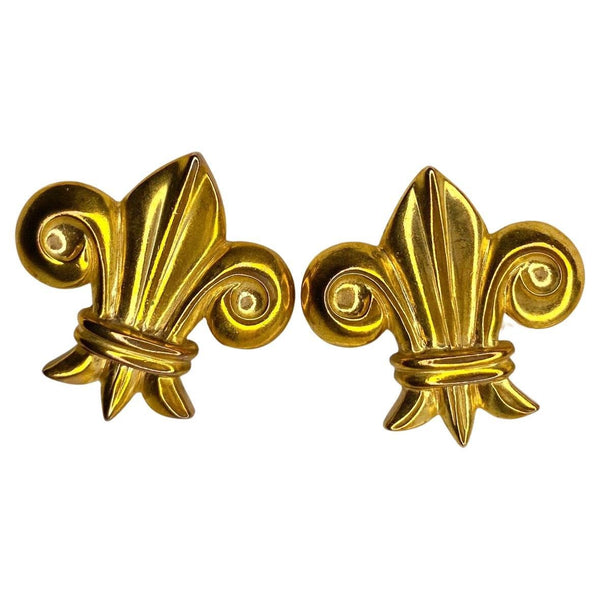 1980s ESCADA Clip On Fleur de Lys Gold Plated Large Earrings - STYLE-CHNGR