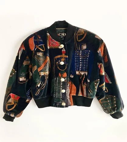 1980s ESCADA MILITARY PRINT SHOULDER PADDED OVERSIZED BOMBER JACKET - STYLE-CHNGR