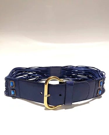 1980s ESCADA STONE BLUE LEATHER AND SUEDE FRINGE BELT - STYLE-CHNGR