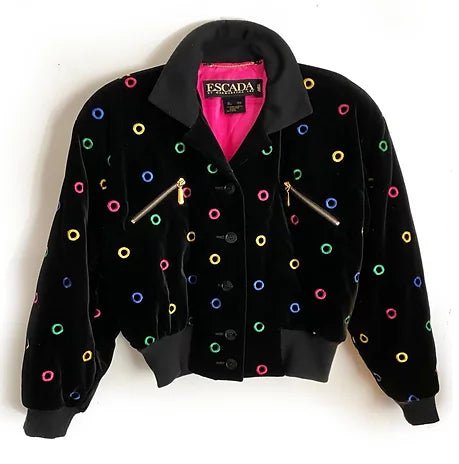 1980s ESCADA VELVET EMBROIDERED CIRCLE VELVET CROPPED BOMBER OVERSHOULDER JACKET - STYLE-CHNGR