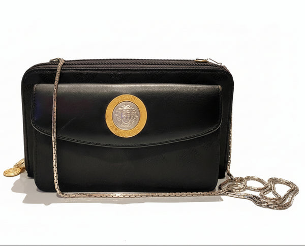 1980s Versace Jeans Couture Medusa Leather Cloth Shoulder Bag - STYLE-CHNGR