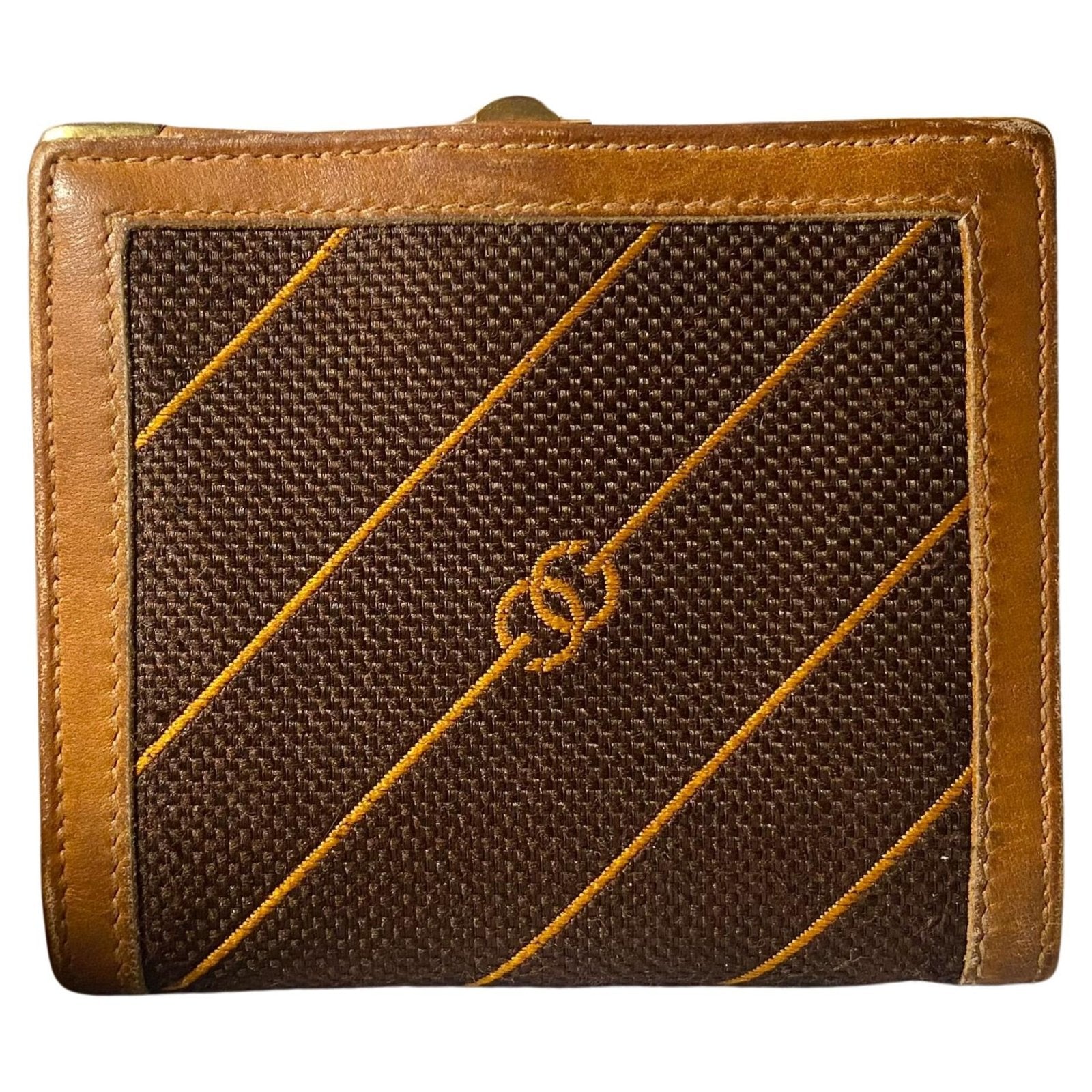 1970s Gucci Brown Diagonal-Striped Canvas Boutique Model Wallet with E