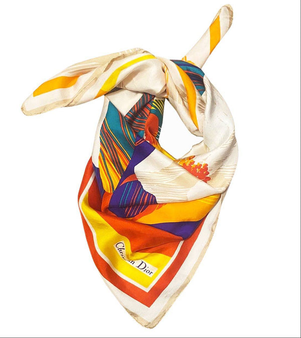 1980s Christian Dior Large Flower Multicolor Silk Scarf - STYLE-CHNGR