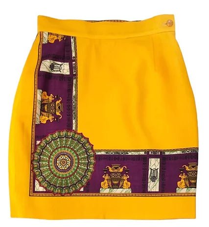 1990s GIANNI VERSACE YELLOW PURPLE MYTHOLOGY A - LINE WOOL SKIRT - STYLE-CHNGR