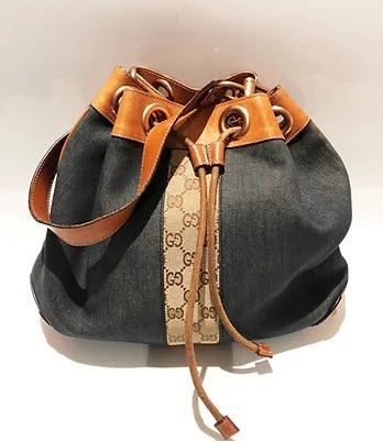 1990s GUCCI Denim Monogram Leather Bucket Bag - STYLE-CHNGR
