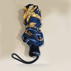 1990s Gianni Versace Navy Blue Gold Medusa Compact Umbrella style