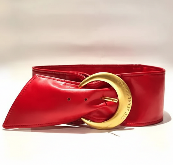 1990s Versace Jeans High Waist Red Leather Buckle Belt - STYLE-CHNGR