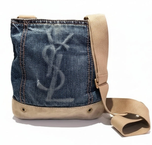 1990s Yves Saint Laurent Crossbody Shoulder Denim Logo Bag - STYLE-CHNGR