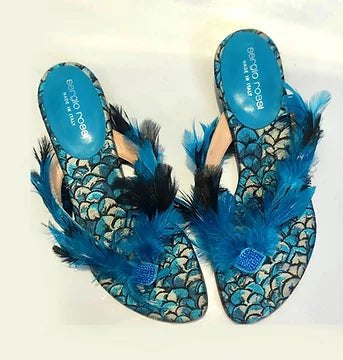 2000S Sergio Rossi Blue Feather Flip Flop Sandals - STYLE-CHNGR