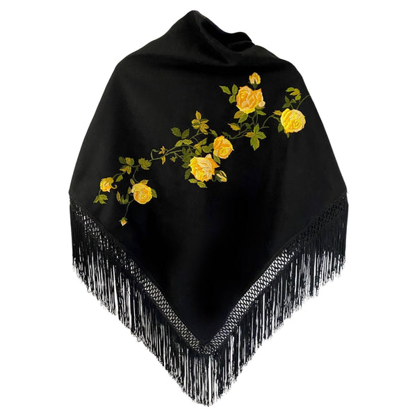 2000s Dolce & Gabbana Black Wool Yellow Rose Embroidered Fringed Shawl - STYLE-CHNGR