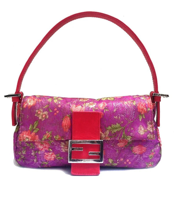 2000S Fendi pink flower print satin baguette bag with leather strap - STYLE-CHNGR