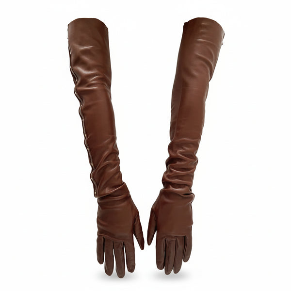 2000s Gucci Tom Ford Runway Brown Leather Stud Elbow Gloves - STYLE-CHNGR