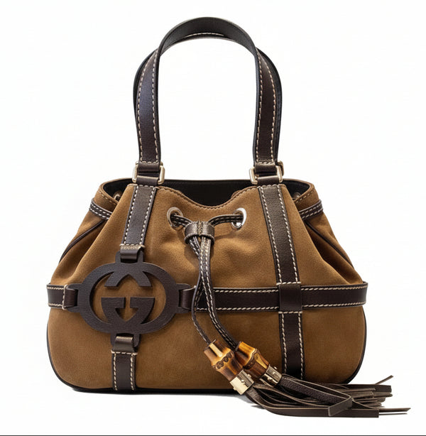 2000s Gucci by Tom Ford Brown Suede Bamboo Tassel Bag