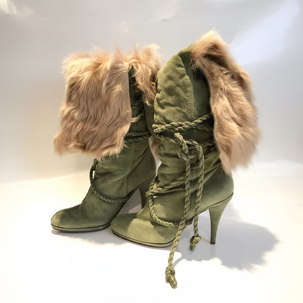 2000s Moschino Knee High Green Suede Heel Boots - STYLE-CHNGR