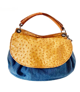 2000s miu miu ostrich leather denim top handle Hobo Flap Bag style