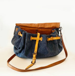 2000s miu miu ostrich leather denim top handle Hobo Flap Bag style
