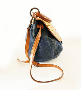 2000s miu miu ostrich leather denim top handle Hobo Flap Bag style