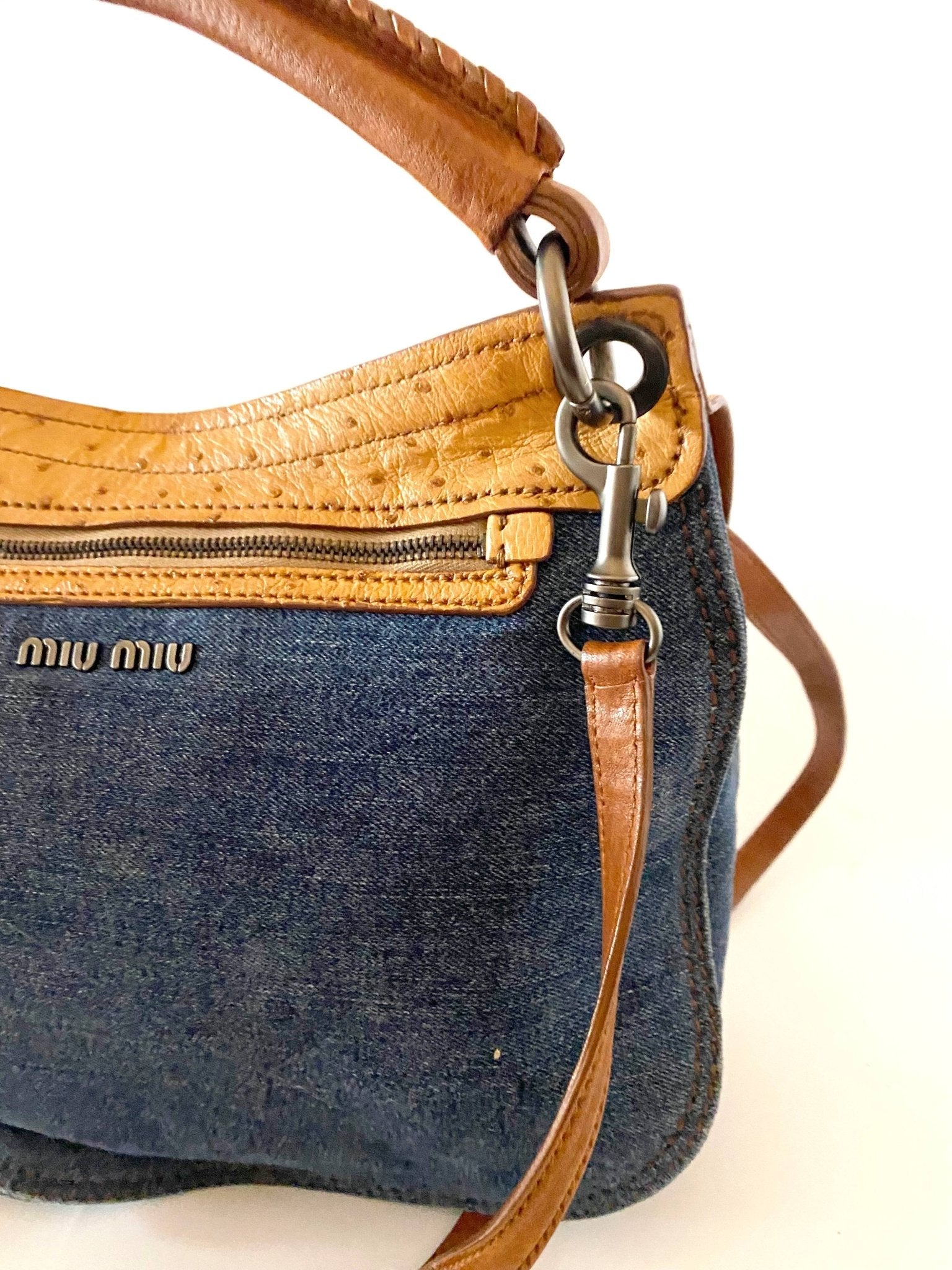 2000s miu miu ostrich leather denim top handle Hobo Flap Bag style 
