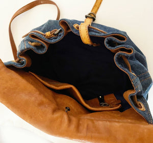 2000s miu miu ostrich leather denim top handle Hobo Flap Bag style