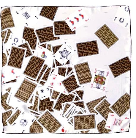 2000s FENDI Brown PLAYCARDS LOGO SILK LARGE SCARF - STYLE-CHNGR