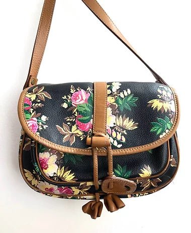 1980s KENZO FLORAL CROSS LEATHER SHOULDER BAG - STYLE-CHNGR