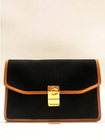 CELINE PARIS CLOTH LEATHER BLACK LOGO ENVELOPE CLUTCH BAG - STYLE-CHNGR