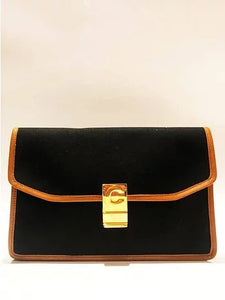 CELINE PARIS CLOTH LEATHER BLACK LOGO ENVELOPE CLUTCH BAG - STYLE-CHNGR