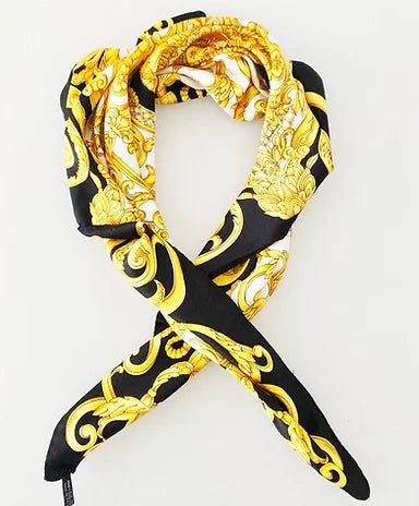 1990s GIANNI VERSACE BAROCCO MEDUSA GOLD BLACK SILK SCARF style