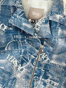 1990s VERSACE COUTURE BLUE DENIM LOGO CROPPED BOLERO JACKET - STYLE-CHNGR