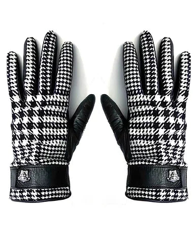 1990s GIANNI VERSACE HOUNDSTOOTH WOOL LEATHER MEDUSA GLOVES - STYLE-CHNGR