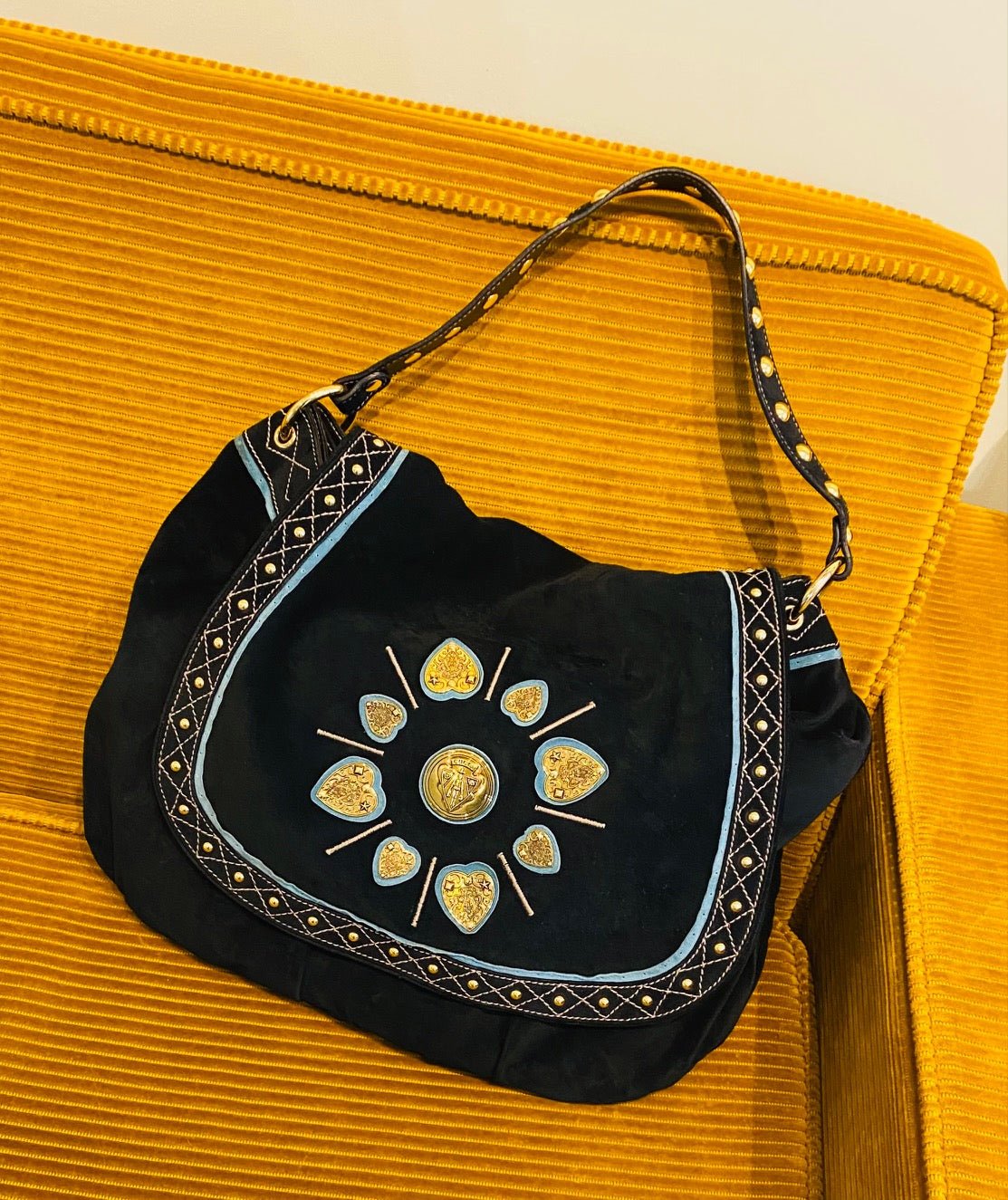 2000S Gucci Blue Suede Stud Large Shoulder Hobo Bag - STYLE-CHNGR