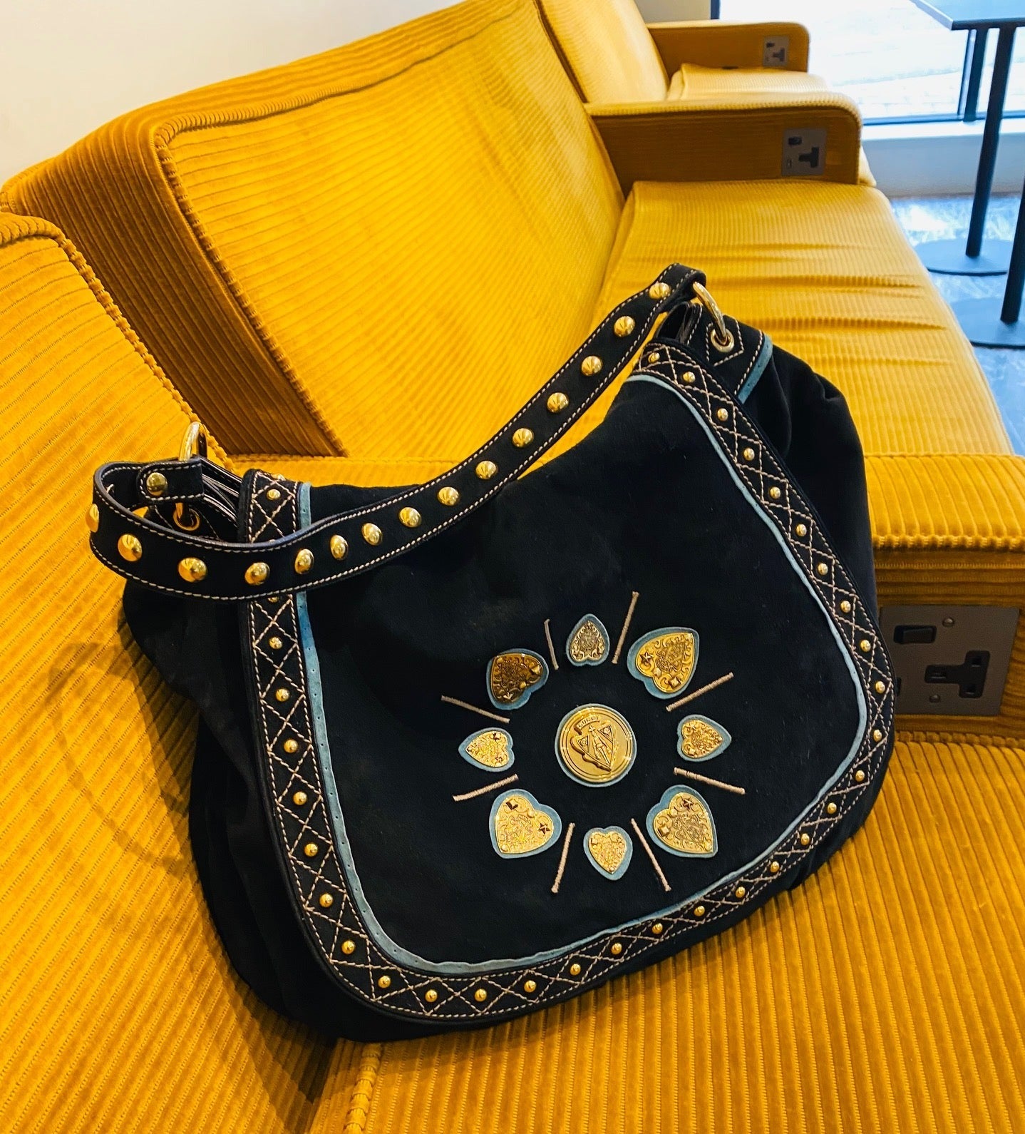 2000S Gucci Blue Suede Stud Large Shoulder Hobo Bag - STYLE-CHNGR